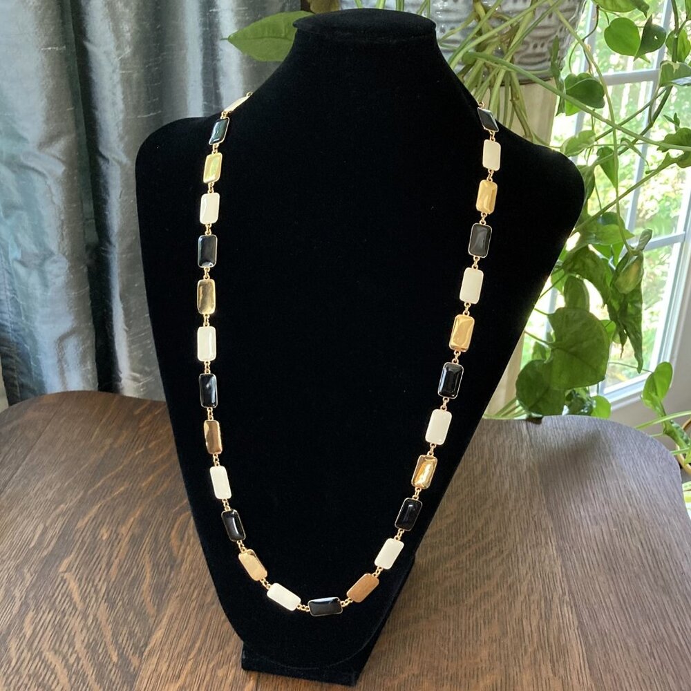 Kate Spade “Park Güell” Black Cream Enamel Gold Tone 32" Statement Necklace